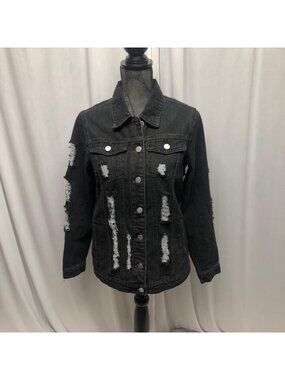 Distressed Black Jean Jacket Womens Size Small Casual Button Up Denim Grunge